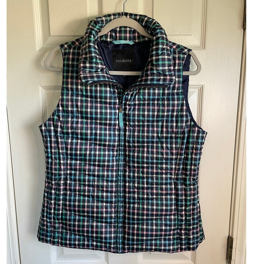 Talbots Womens M Navy Plaid Down Filled Quilted Puffer Vest Zip Pockets Preppy - Picture 2 of 13